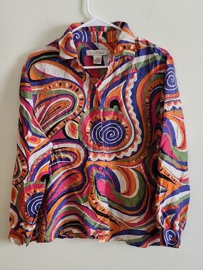 Clothes Bright Multicolor Silk Boho Swirl Design Button-Up Shirt Large.